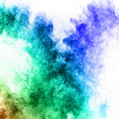Multicolored powder explosion isolated on white background. Colored dust splash cloud  on white background. Launched colorful particles on background.