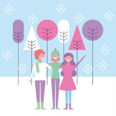 people friends women embraced with winter clothes vector illustration
