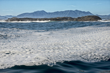 Island with sea lions surrounded by foamed water