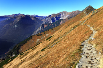 Poland, Tatra Mountains, Zakopane - Posredni Wierch Gryczkowy and Goryczkowa Czuba peaks with Czerwne Wierchy peaks and Western Tatra mountain range panorama in background