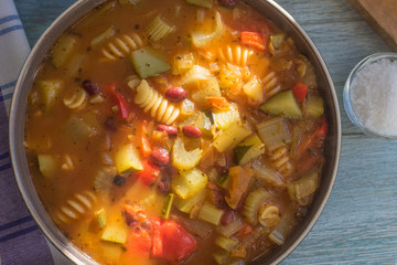 Classic Italian rustic minestrone soup with beans and pasta