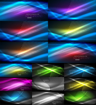 Neon glowing light abstract backgrounds collection, mega set of energy magic concept backgrounds