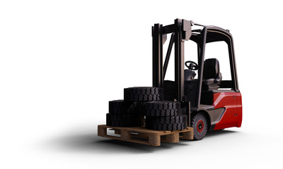 Elektrostapler mit Palette und Reifen seitlich links