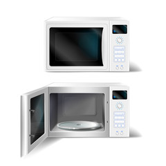 Vector 3d realistic white microwave oven with empty glass plate inside, with open and close door, front view isolated on background. Modern household appliance to heat, defrost and cooking food