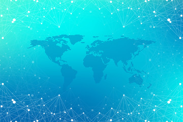 World map with global technology networking concept. Digital data visualization. Lines plexus. Big Data background communication. Scientific illustration.