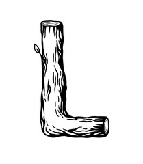 Black engraving Letter L made of wood with leaves on the white background