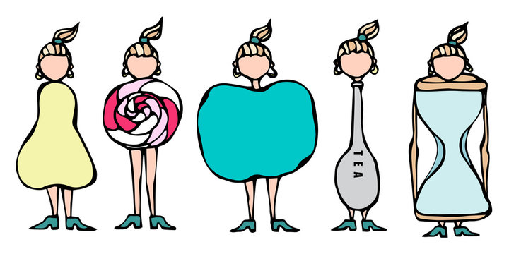 Pear, Lollipop, Apple, Spoon, Hourglass Women Body Type Figure Shape Sketch. Hand Drawn Vector Illustration. Caricature. Savoyar Doodle Style.