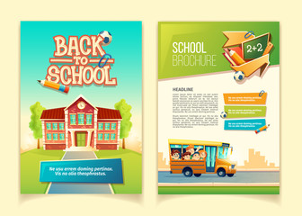 Back to school brochure vector cartoon template, educational leaflet with happy kids, riding on yellow schoolbus. Colorful cover or page for book, ready flyer for print with infographic elements