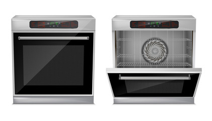 Obraz premium Vector 3d realistic compact oven with touch menu, with pre-set cooking programs, with open and close door, front view isolated on background. Built-in household appliance, modern multifunction stove