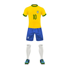 Fototapeta premium Vector realistic soccer uniform of a Brazil team, set of sports wear, shirt, shorts, socks and boots, isolated on background. Mockup of Brazilian football outfit in colors of national flag, front view