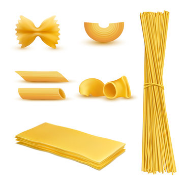 Vector 3d realistic set of dry macaroni in various shapes, pasta, lasagna, farfalle, spaghetti, rigatoni, penne isolated on background. Traditional italian cuisine, natural food rich in carbohydrates