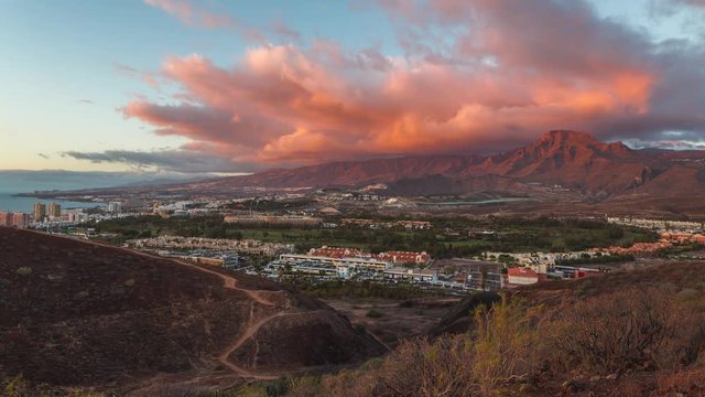 Time Lapse in Tenerife in Spain, next to Africa.
View of Los Cristianos.
Red, yellow and orange sunset clouds above the Roque del Conde.
View from the Chayofita Mountain.
