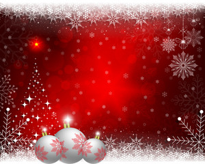 Christmas red background with balls and shiny Christmas tree.