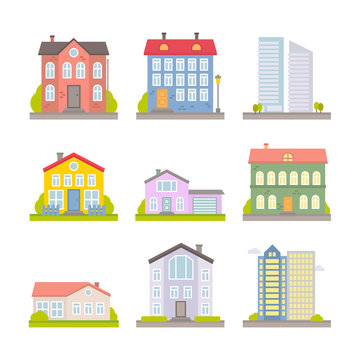 Collection of vector flat colorful city and rural houses for web design and illustration