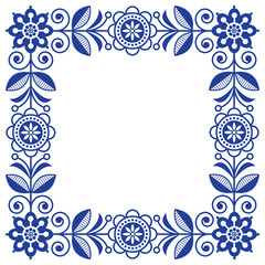 Scandinavian folk art vector frame, cute floral border, square pattern with navy blue flowers - invitation, greetings card