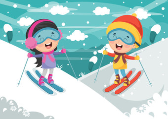 Vector Illustration Of Kids Skiing