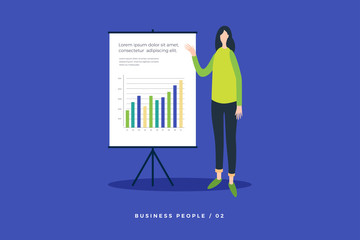 Concept of business training, seminars, and trainings. Young woman near presentation board shows growing chart. Vector flat illustration for website, presentation and promotional materials.