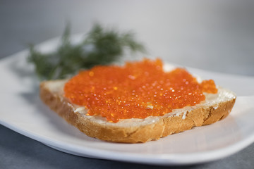 Salmon caviar and  slice of toast bread on white plate.