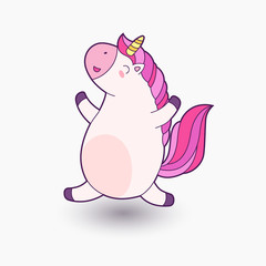 Cute cartoon unicorn. Vector illustration. Funny unicorn happily jumping and smiling