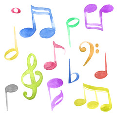 Watercolor isolated red, blue, yellow, violet, pink and green ink music notes and keys set - 195639010