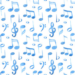 Watercolor illustration blue music notes and keys pattern set