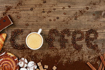 Coffee Word And Beans With Cup Of Coffee.
