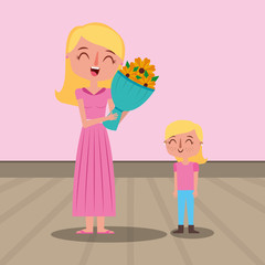 happy cartoon mom holding flower and daughter - mothers day vector illustration