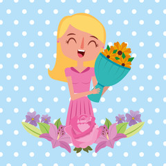 beauty happy mom holding bouquet flowers - mothers day vector illustration