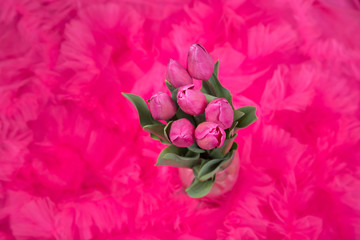 a bouquet of pink spring live tulips against the background of a pink tulle skirt with frills