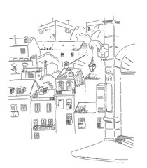 Sketch of Lisbon street view for street light and street name and houses