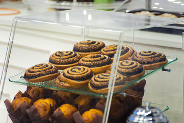 counter pastry shop with cakes closeup