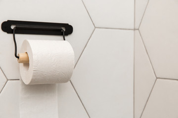 A white roll of soft toilet paper neatly hanging on a modern chrome holder on a light bathroom wall.
