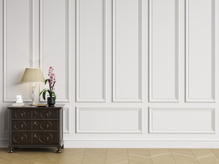 Classic sideboard with decor in classic interior with copy space.White walls with mouldings and ornated cornice. Floor parquet herringbone.Digital Illustration.3d rendering