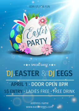 Easter egg party vector poster design template. Modern easter egg party with colorful eggs and spring flower. 