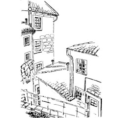 Sketch drawing of the old house with tile roof street view