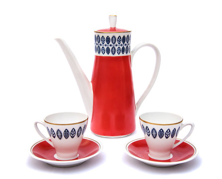 Red Coffee Pot And Two Cups, Isolate