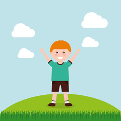 happy cartoon boy raising hands vector illustration