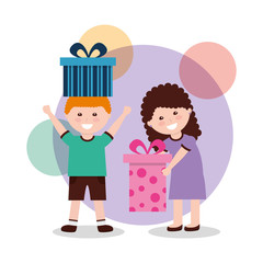 cute happy boy and girl with gift boxes wrapped vector illustration