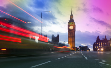 Fototapeta na wymiar London cityscape at Big Ben, long exposure photo with abstract colorful sky background