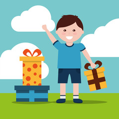 happy little young boy with gift box in meadow vector illustration