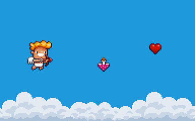 Pixel art game background with clouds, flying Cupid with bow and arrow, love potion and 8bit heart - 195649054