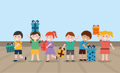 group happy kids with gift boxes decoration vector illustation