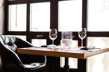 Empty glasses set in restaurant