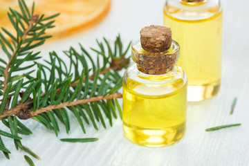 Cosmetic and medical oil of pine or fir tree to strengthen immunity on a white background close-up