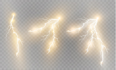 A set of lightning Magic and bright light effects. Vector illustration. Discharge electric current. Charge current. Natural phenomena. Energy effect illustration. Bright light flare and sparks - obrazy, fototapety, plakaty