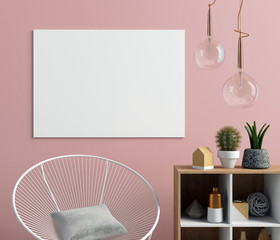 Modern interior with bedside table, posters and lamps. poster mock up. 3D illustration