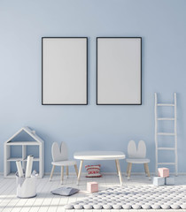 Mock up poster frame on wall in modern child interior 3d rendering