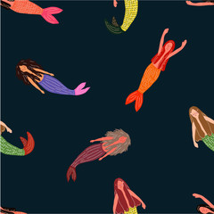 Cute hand-drawn seamless pattern with swimming mermaids and fishes, vector illustration