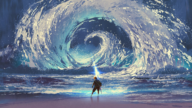 Fototapeta człowiek z magiczną włócznią tworzy wirujące morze na niebie, cyfrowy styl sztuki, malarstwo ilustracyjne