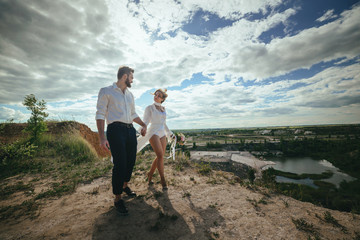 bride and groom walking outdoors at the wedding